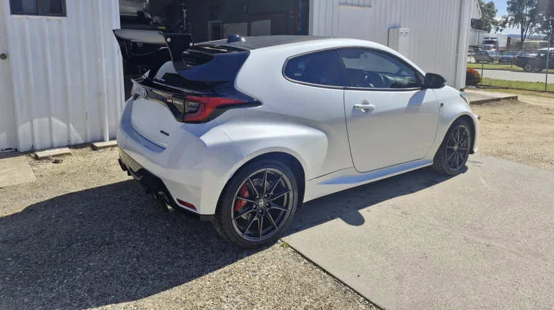 White Toyota GR Yaris after rear repair and refinishing at our Wodonga workshop
